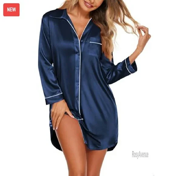 Satin Button Down Nightgown Long Sleeve Boyfriend Sleep Shirt S-3XL